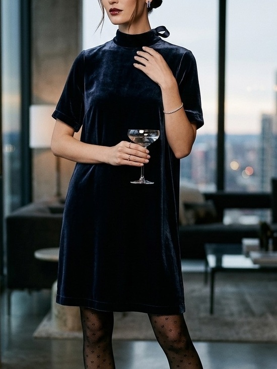 Eileen Fisher Dresses & Skirts - Eileen Fisher Navy Blue Silk Blend Velvet Mock Neck Back Tie Shift Dress XL